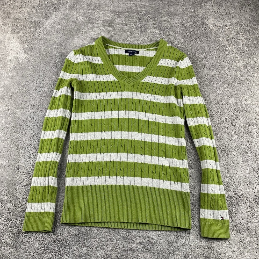 Tommy Hilfiger Knit Sweater Womens Small Green White Striped Long Sleeve‎